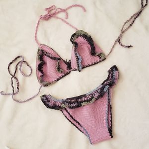 HANDMADE crochet pink multicolored ruched bikini
